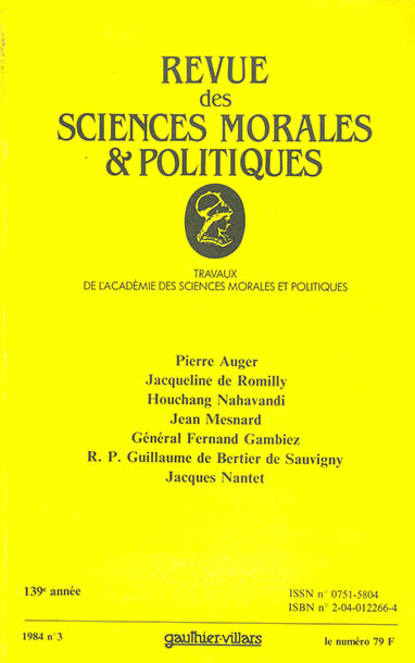 Revue des sciences morales & politiques anne 139 le número 79 f No. 3 1984